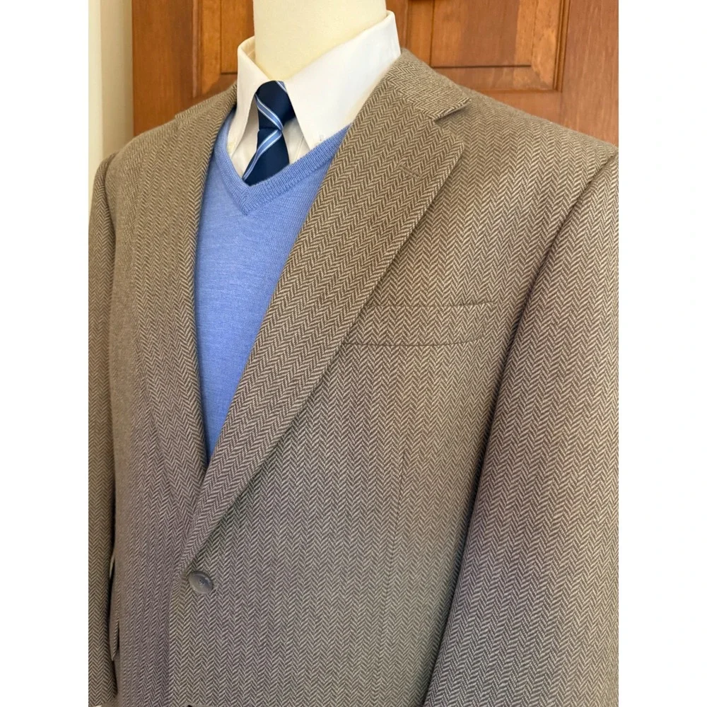 Alan Lebow Herringbone Sport‎ Coat Mens 44R Tan Wool Cashmere Blazer Jacket